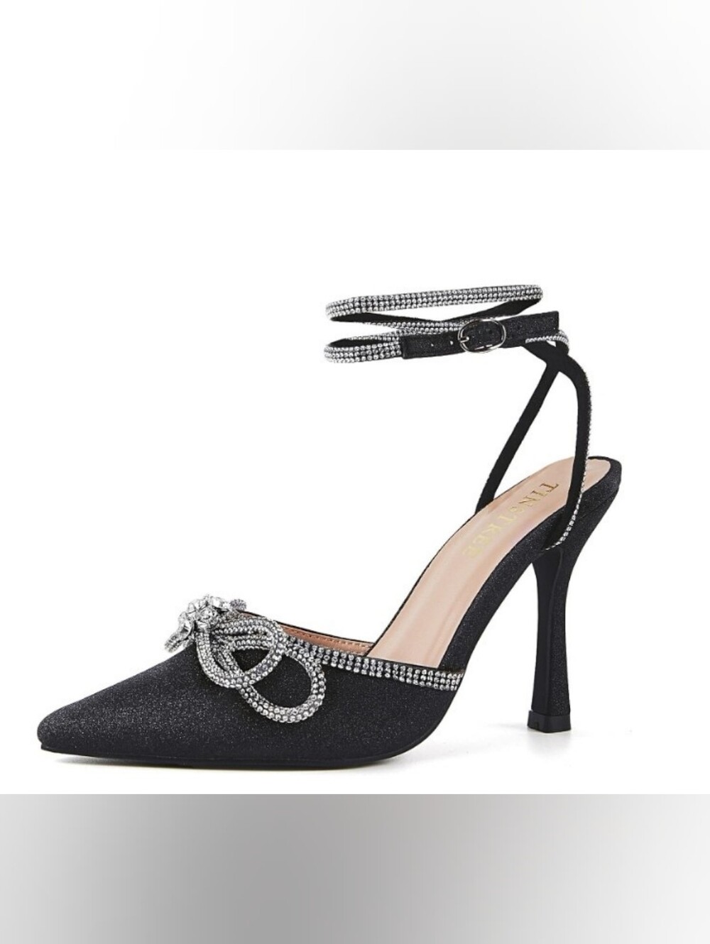 Black Rhinestone Bow Ankle-Strap High Heel Pump